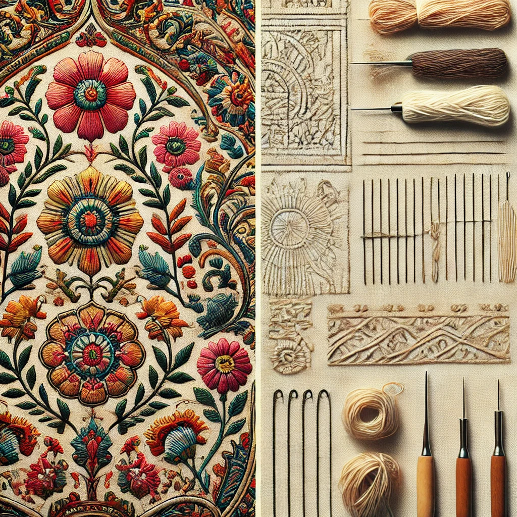 DALL·E 2024-08-24 10.09.54 - A split-screen image depicting the contrast between embroidery and stitching in artistic projects. On the left side, show embroidery as a detailed, in.webp